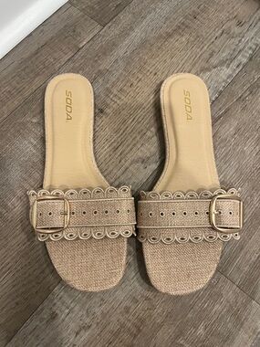 Beige Scalloped Nuala Buckle Slide Sandals